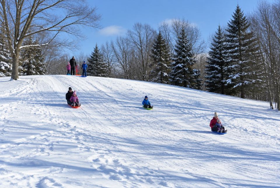 Families sliding down a snowy hill on sleds in a park on a sunny winter day.