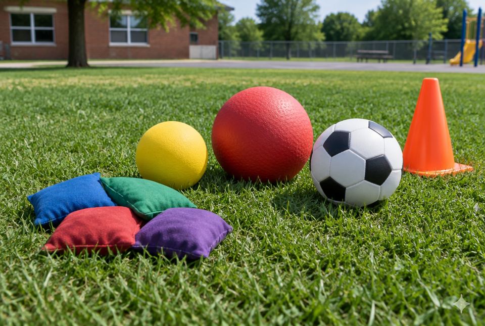 Beanbags, a yellow foam ball, a red playground ball, a soccer ball and an orange cone on schoolyard grass.