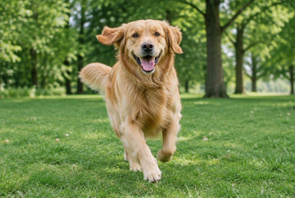 A golden retriever running across the grass in a park.