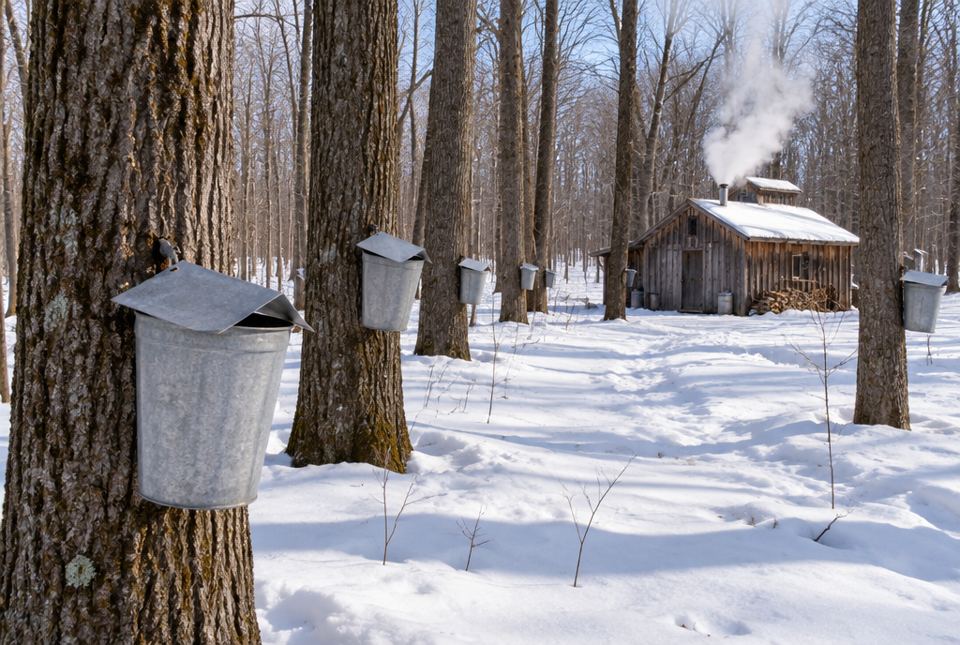 Metal sap buckets hanging on maple trees in snowy woods, with a steaming wooden sugar shack behind.