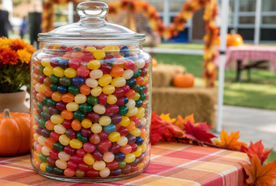 A big glass jar full of colourful jelly beans on a table at a fall fair.