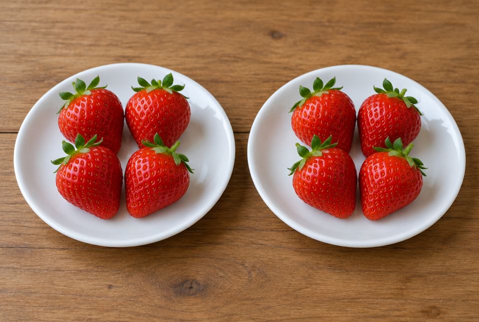 Two white plates, each holding four red strawberries.