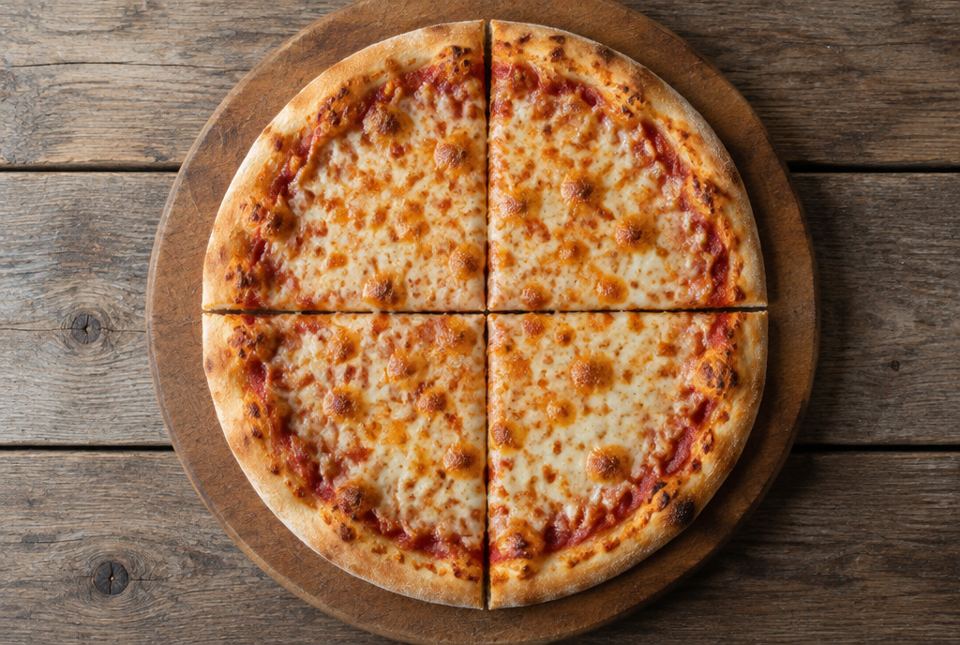 A whole cheese pizza cut into four equal slices on a wooden board.