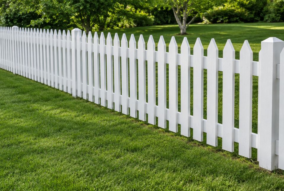 A white picket fence in front of a green lawn, with pointed boards and gaps repeating along it.