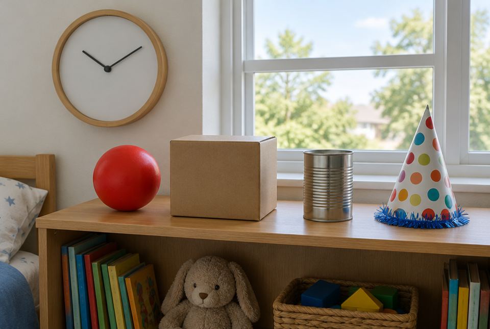 A round wall clock, a red ball, a cardboard box, a tin can and a party hat on a shelf by a window.