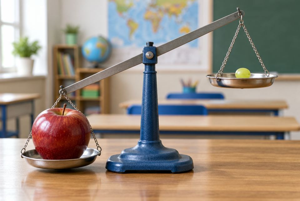 A pan balance with a large apple on the lower side and a small grape on the higher side.