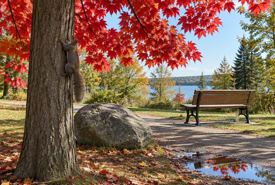 A squirrel climbing a maple tree with red leaves in a fall park, with a big rock, a bench and a puddle nearby.