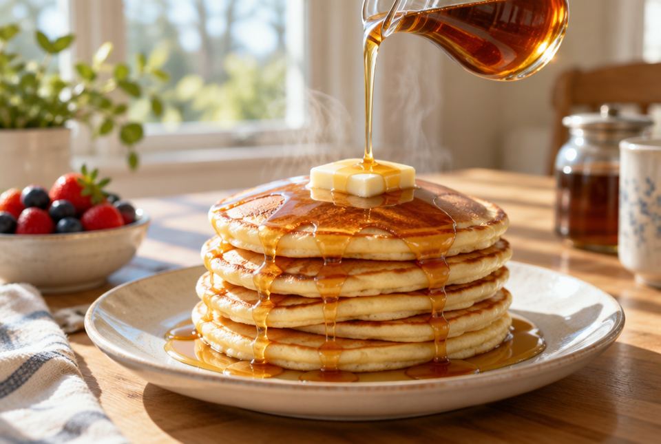 Maple syrup being poured over a warm stack of pancakes with butter on top.