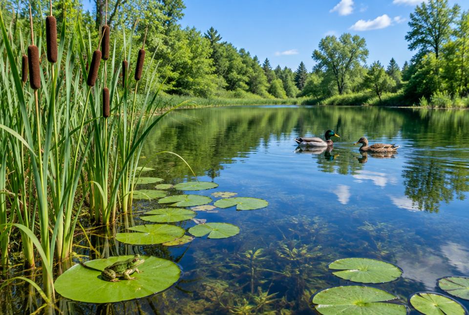 A clear pond with cattails, lily pads, a frog on a lily pad and two ducks swimming.