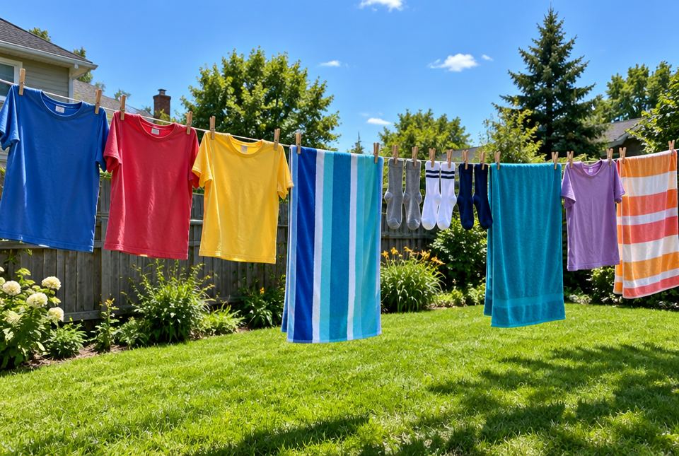 T-shirts, socks and towels hanging on a clothesline in a sunny backyard.