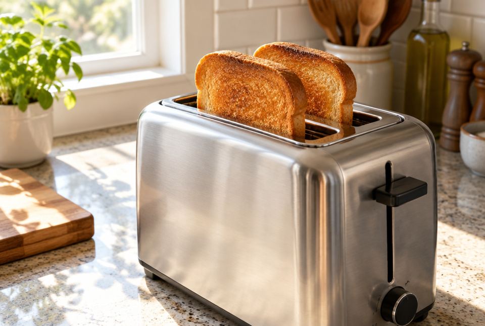 Two slices of toast popping up from a metal toaster on a sunny kitchen counter.