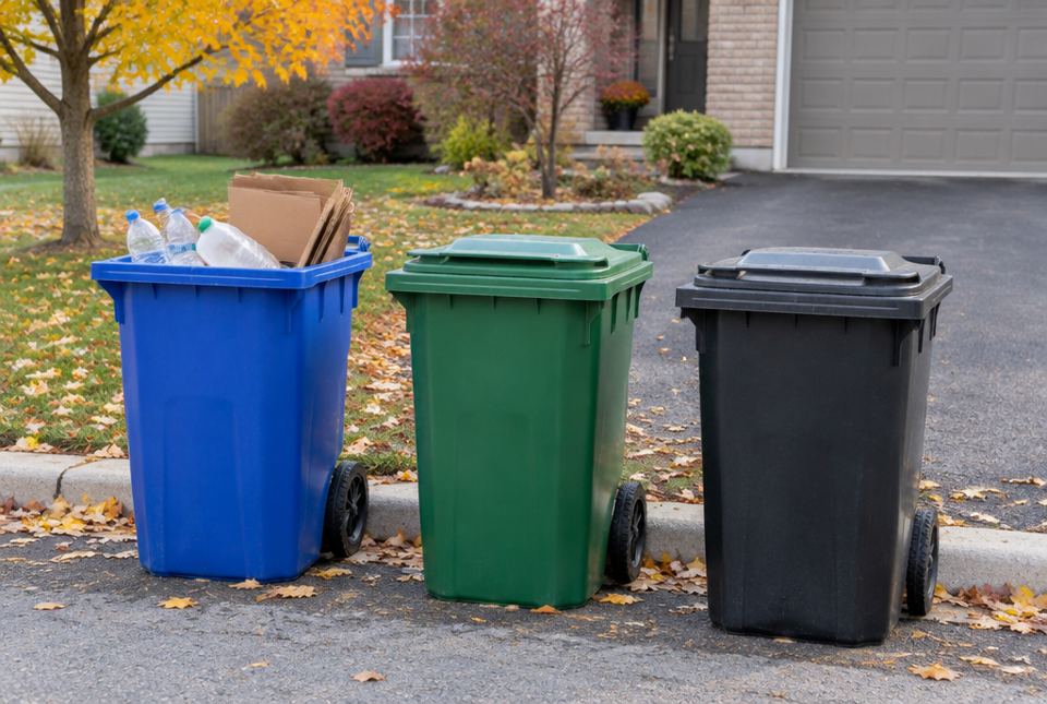 A blue recycling bin with bottles and cardboard, a green bin and a black garbage bin at the curb.