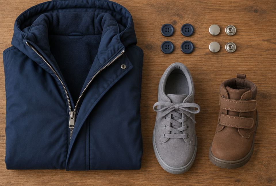 A coat with a zipper, buttons, metal snaps, a laced shoe and a boot with hook-and-loop straps on a wooden table.