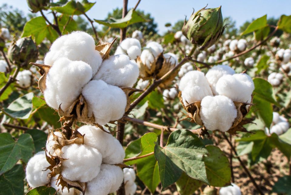 Fluffy white cotton bolls growing on cotton plants in a field.