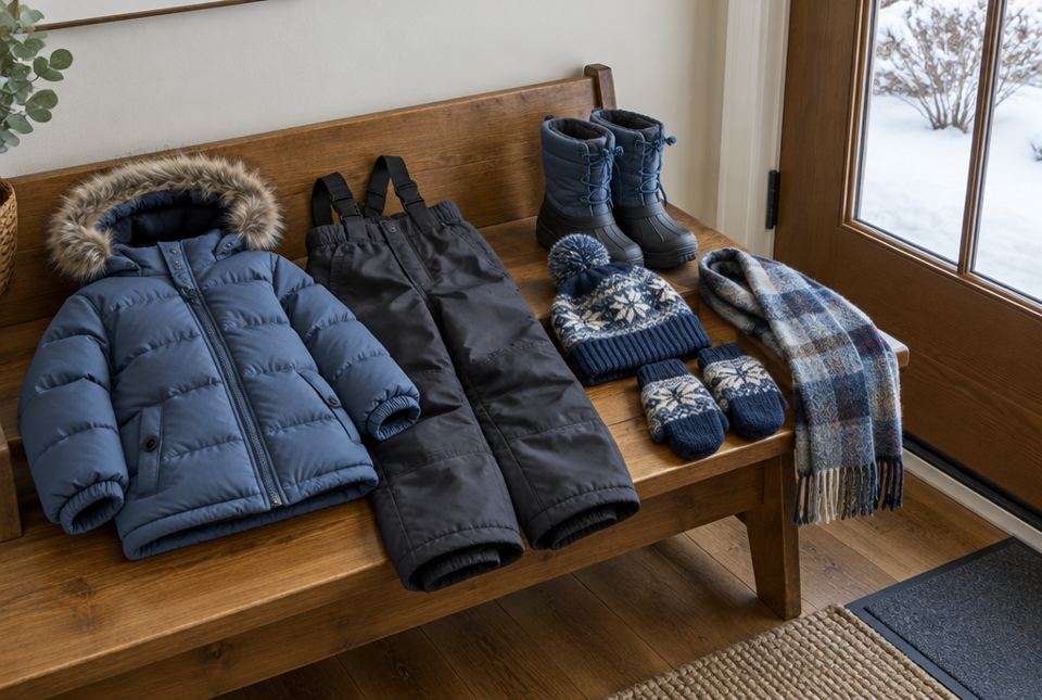 A winter coat, snow pants, boots, a toque, mittens and a scarf laid out on a bench by a snowy window.