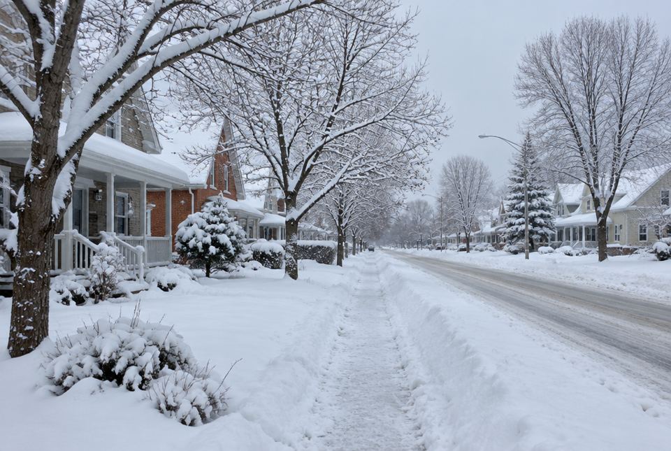 A snowy street of houses in winter, with snow on the trees, yards and sidewalk.