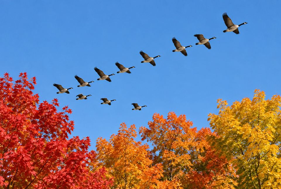 A line of Canada geese flying across a blue sky above red, orange and yellow fall trees.