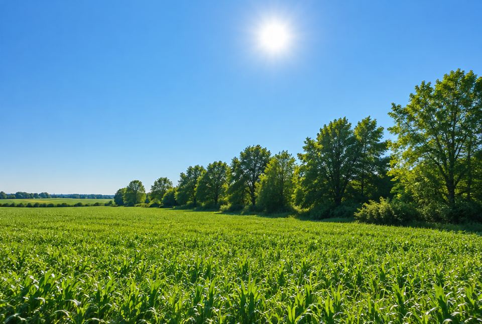 The Sun shining in a clear blue sky over a green field and leafy trees.
