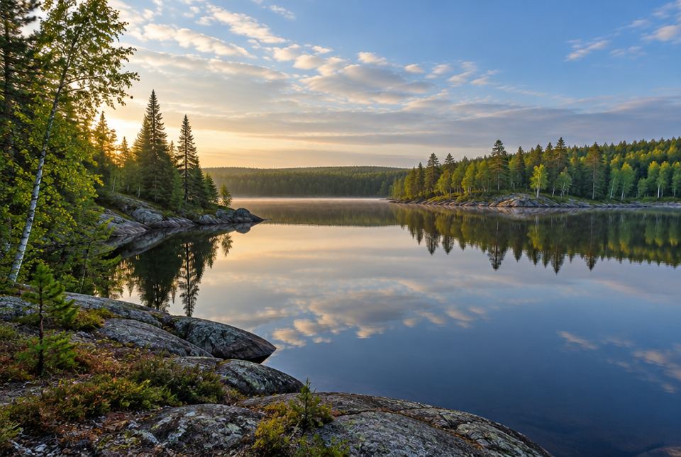 A calm lake surrounded by rocks and forest at sunrise.