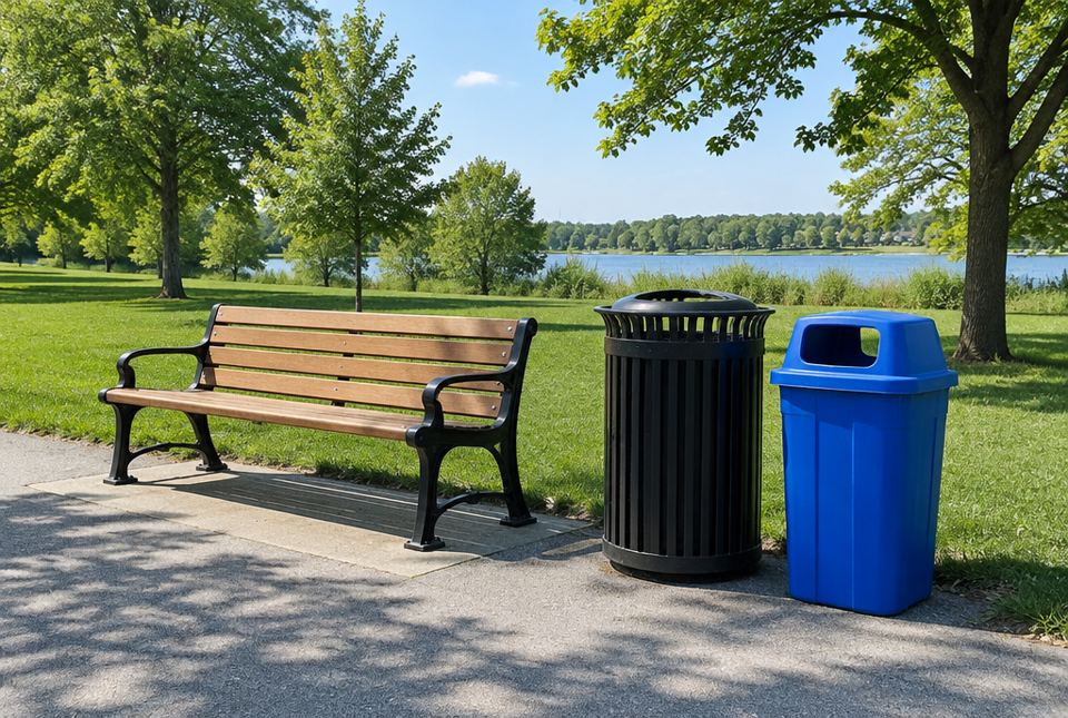 A park bench next to a garbage can and a blue recycling bin, with a lake in the background.