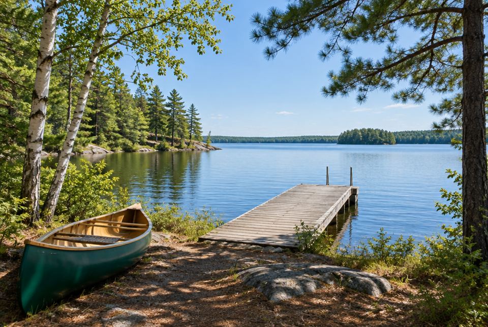 A green canoe rests on the shore of a calm Ontario lake beside a wooden dock and birch trees.