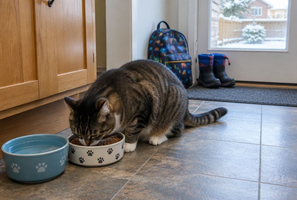 A tabby cat eats from a bowl beside a water dish near a front door with a backpack and winter boots.