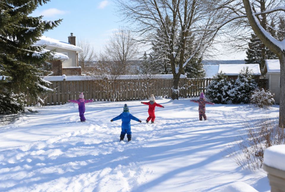 Children in colourful snowsuits stand in a snowy backyard with their arms stretched out wide, seen from a distance.