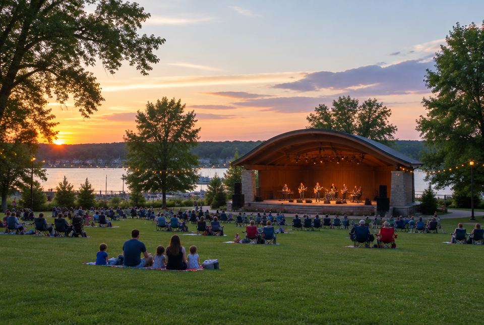 Families sit on blankets and lawn chairs on the grass watching a band play on an outdoor stage by a lake at sunset.