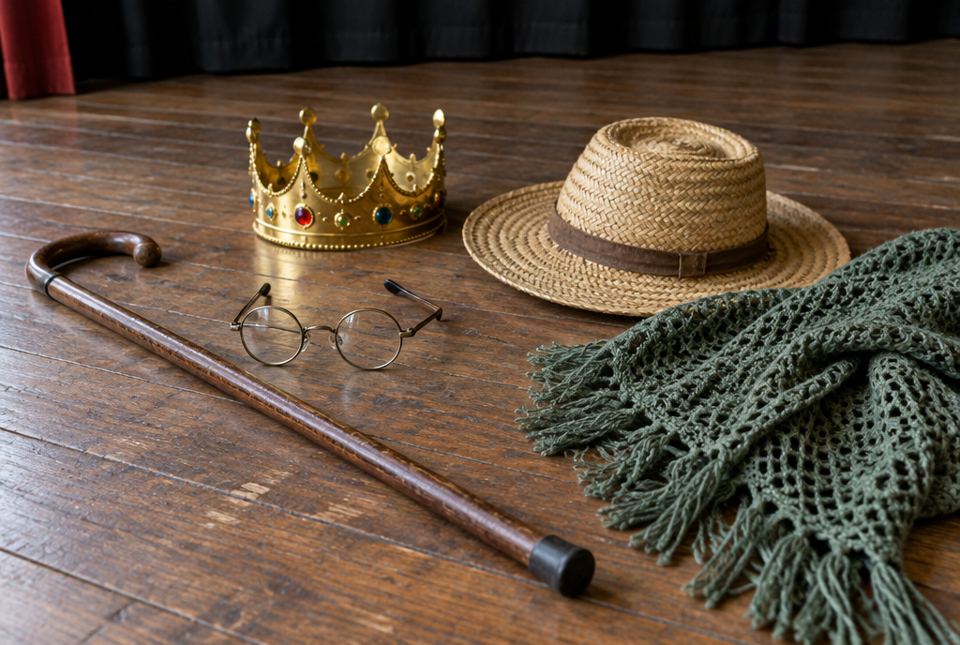 A wooden cane, round eyeglasses, a gold toy crown, a straw hat and a knitted shawl lying on a wooden stage floor.