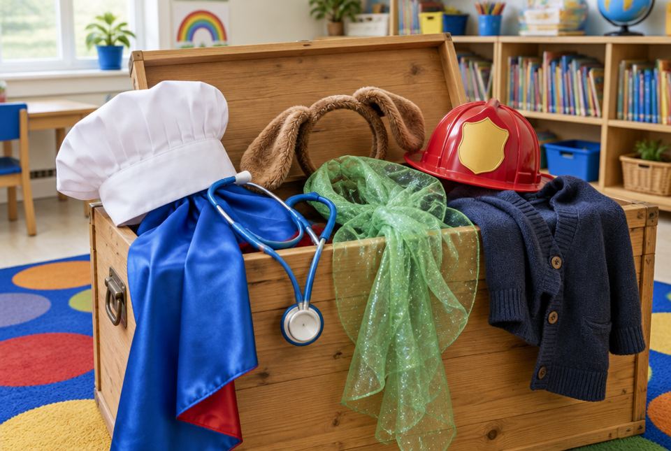 A wooden dress-up chest full of costume pieces: a firefighter helmet, a chef's hat, a stethoscope, a superhero cape and more.