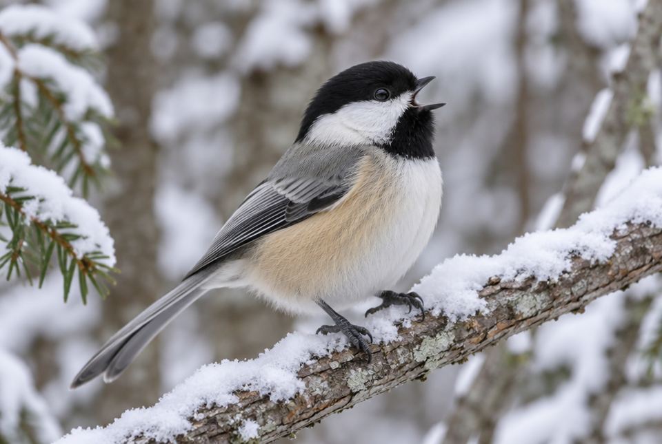 A black-capped chickadee with its beak open, singing on a snowy branch.