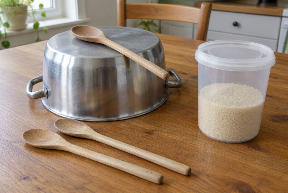 An upside-down pot with a wooden spoon, two more wooden spoons and a plastic container of dry rice on a kitchen table.