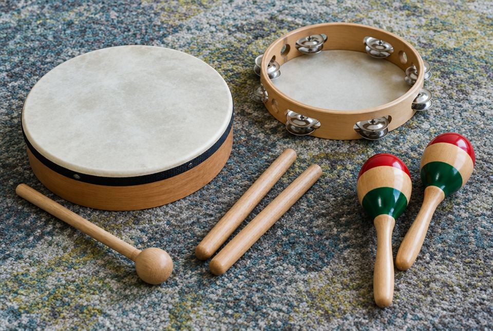 A hand drum with a mallet, a tambourine, two rhythm sticks and two maracas on a carpet.