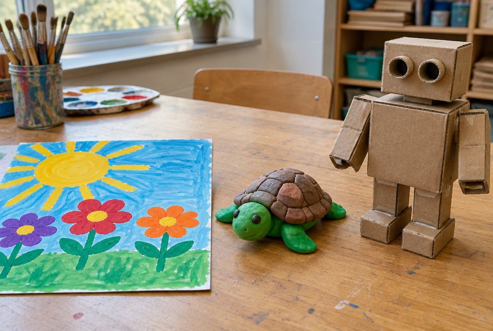 A flat painting of a sun and flowers next to a clay turtle and a robot made from cardboard boxes on a classroom table.