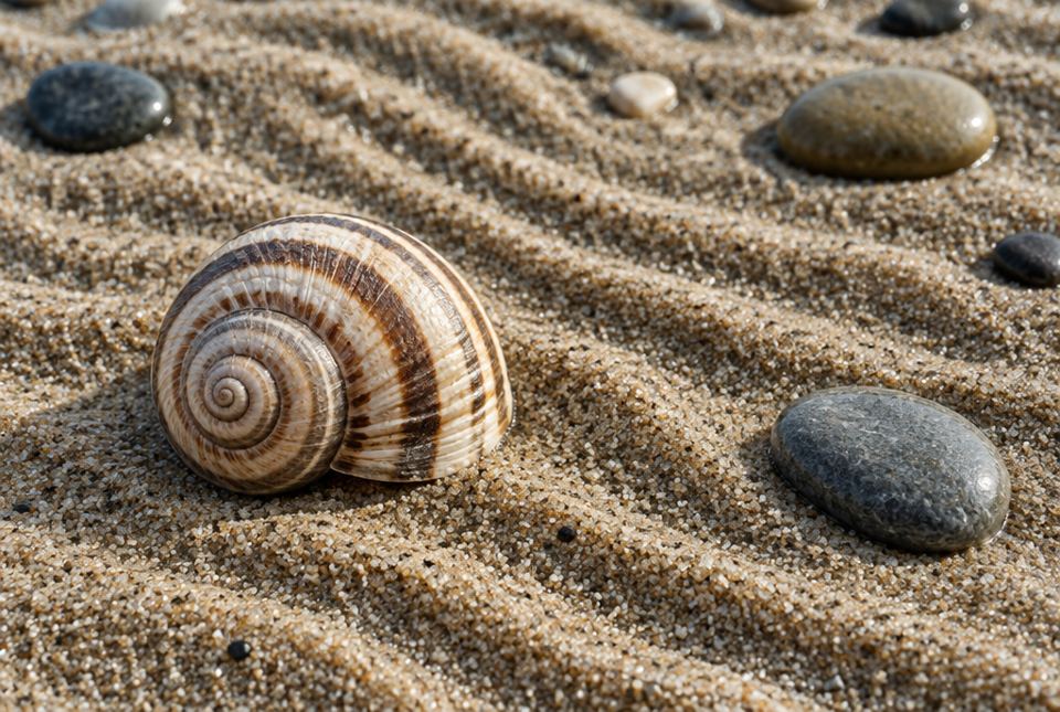 A striped spiral snail shell and smooth round pebbles on rippled sand.