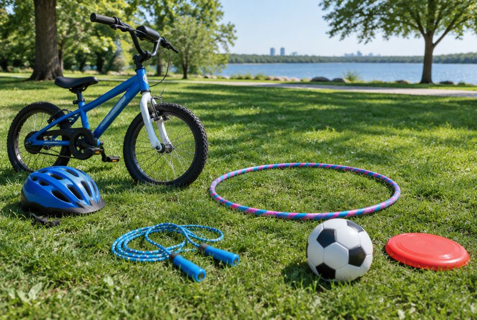 A blue bike, a bike helmet, a skipping rope, a hula hoop, a soccer ball and a flying disc on the grass in a park.