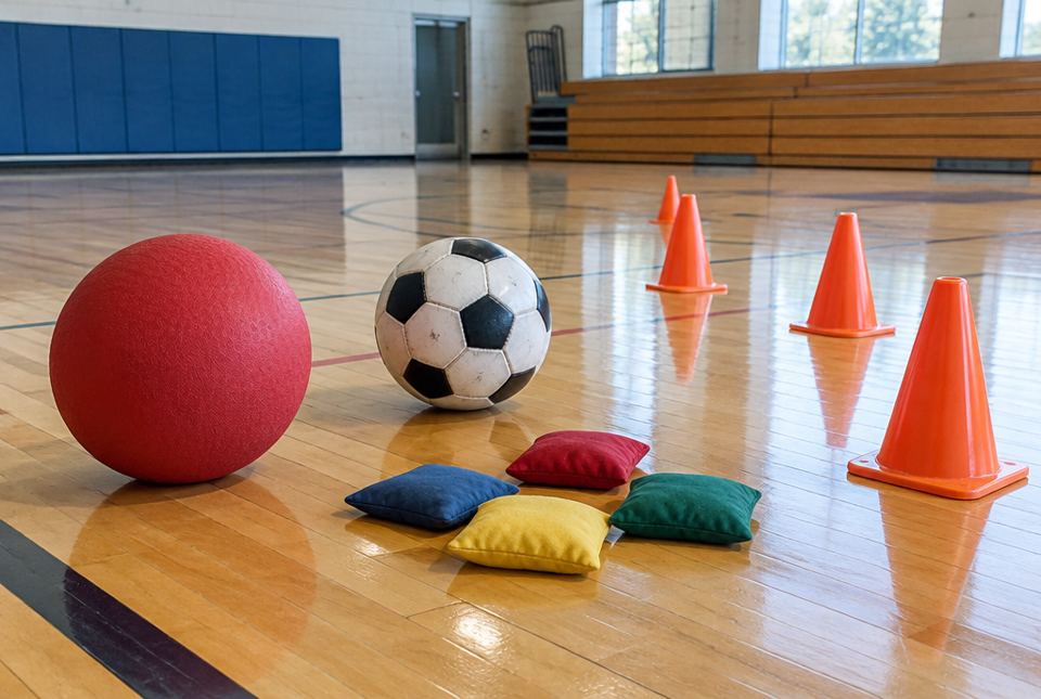 A red playground ball, a soccer ball, four coloured beanbags and orange cones on a gym floor.