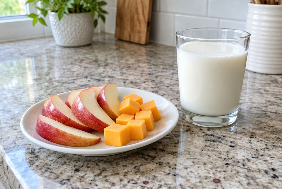 Apple slices and cheese cubes on a plate next to a glass of milk on a kitchen counter.