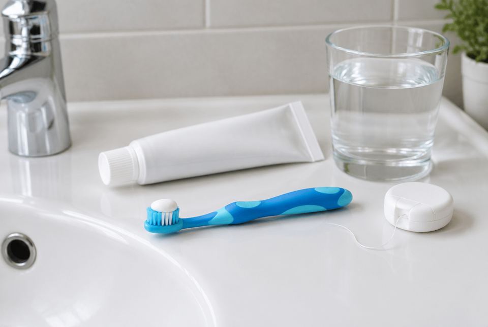 A child's toothbrush with toothpaste, a tube of toothpaste, a glass of water and dental floss on a bathroom sink.