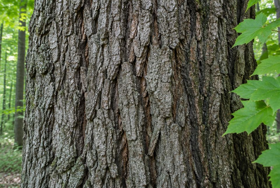 Close-up of the rough, ridged bark on a tree trunk in a green forest, with maple leaves at the side.