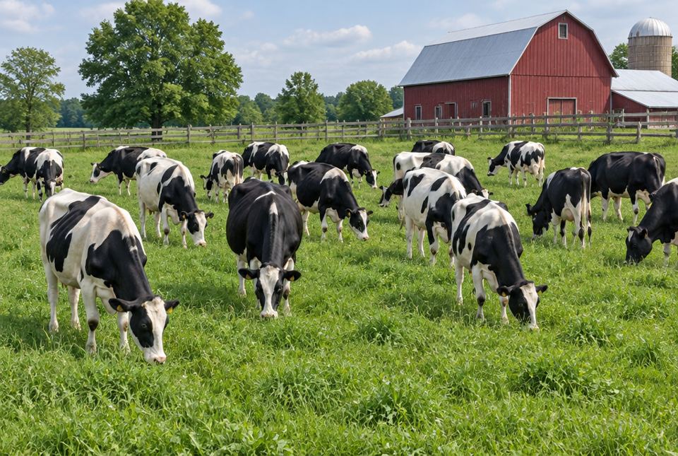 Many black-and-white cows grazing together in a green field in front of a red barn.