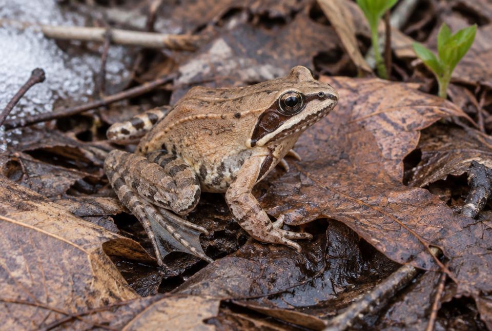 A brown wood frog with a dark mask across its eyes sits on wet fallen leaves next to melting snow.