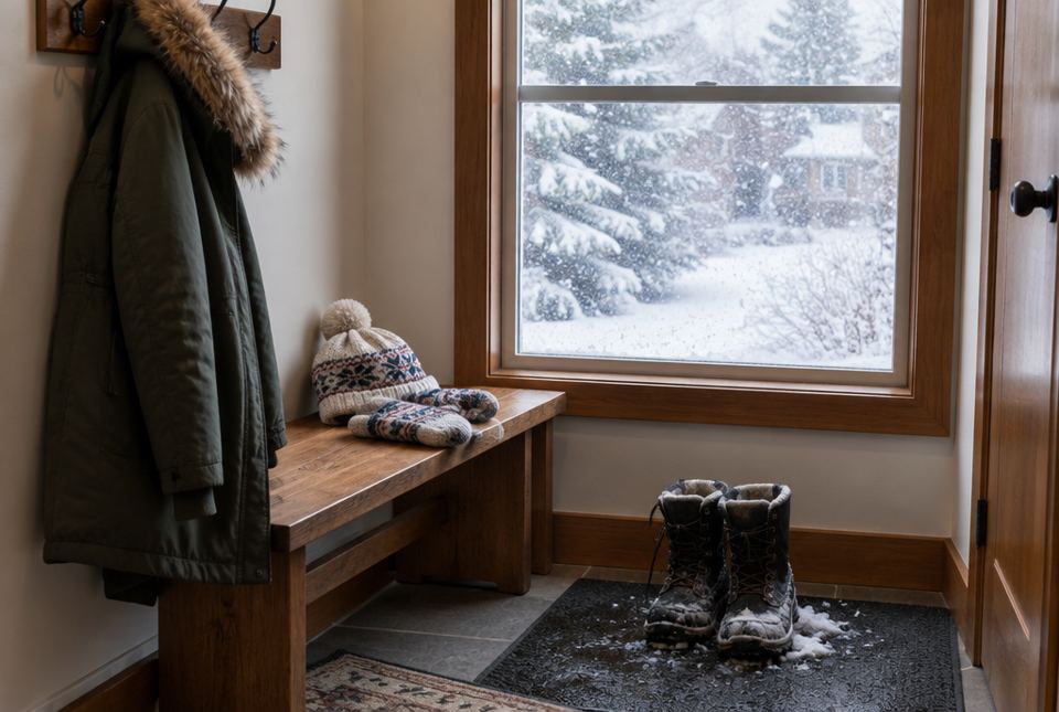A winter coat on a hook, a toque and mitts on a bench and snowy boots on a mat, with snow falling outside the window.