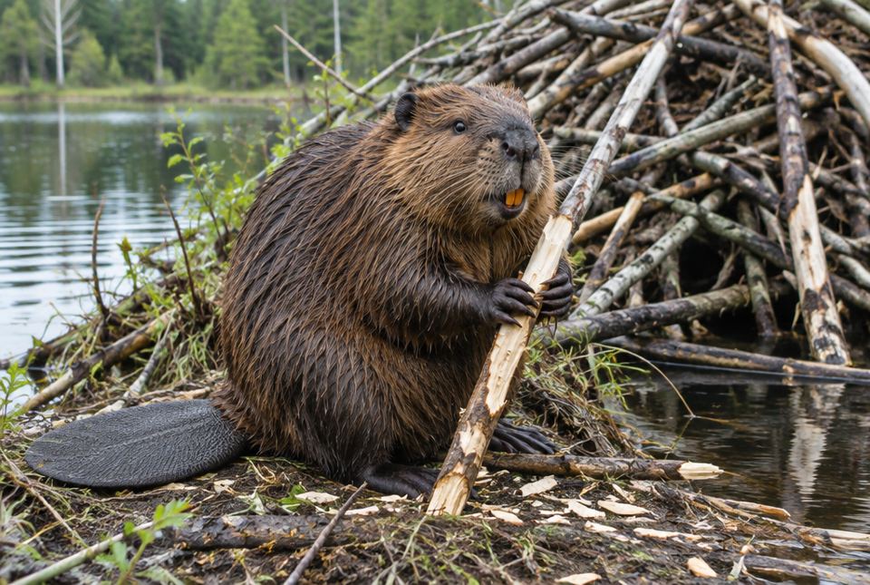 A wet beaver with orange front teeth and a wide flat tail sits by its stick dam, holding a chewed branch.