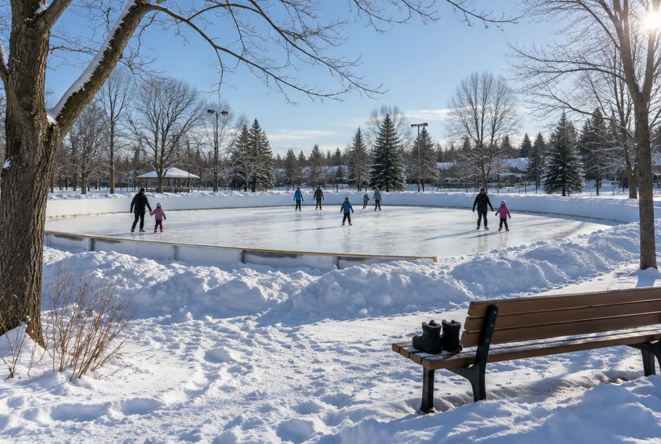An outdoor skating rink in a snowy park with families skating, seen from a distance.
