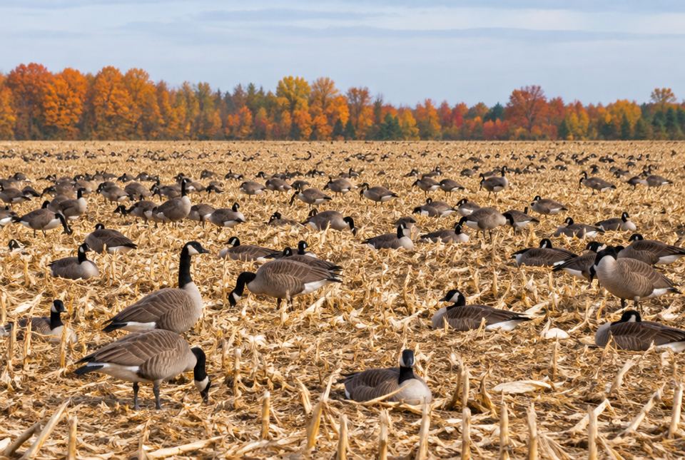 A large flock of Canada geese resting in a harvested corn field with orange and red autumn trees behind.