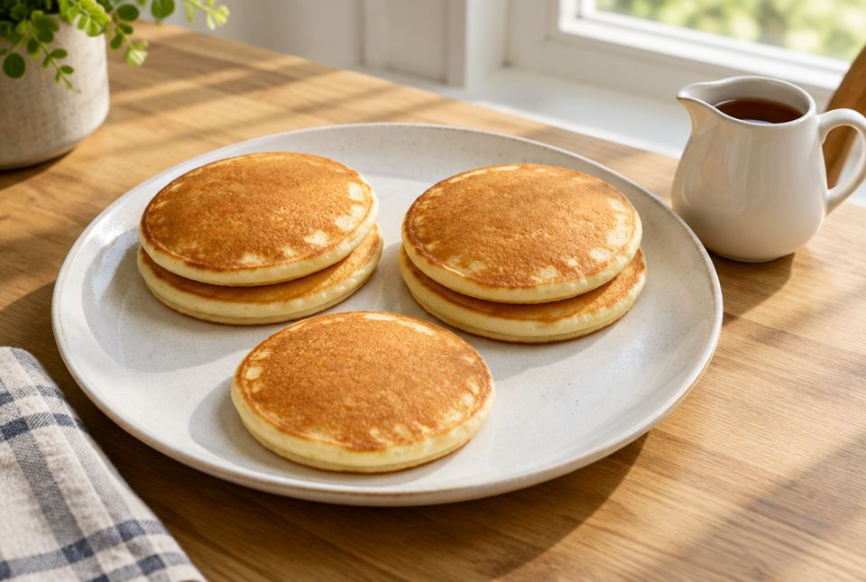Five pancakes on a plate: two stacks of two and one pancake on its own, with a small jug of syrup.