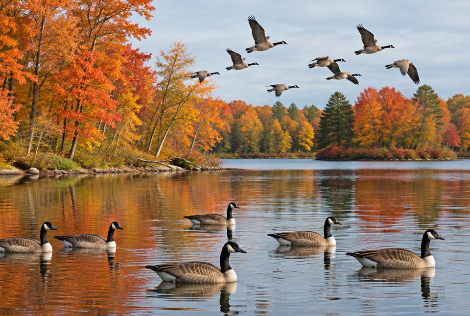 Canada geese on a calm lake in the fall, with some swimming and some flying above the colourful trees.