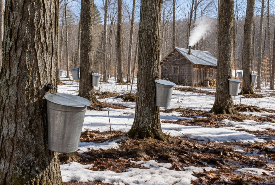 Metal sap buckets hanging on maple tree trunks in a snowy sugar bush, with a steaming sugar shack behind.
