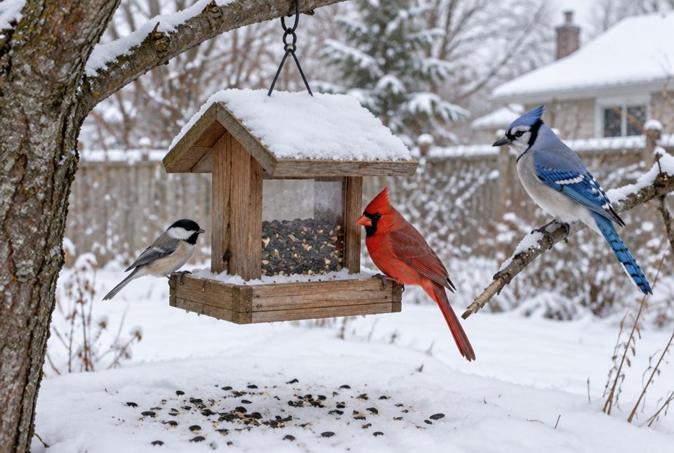 A chickadee, a northern cardinal and a blue jay at a snowy wooden bird feeder in a backyard.